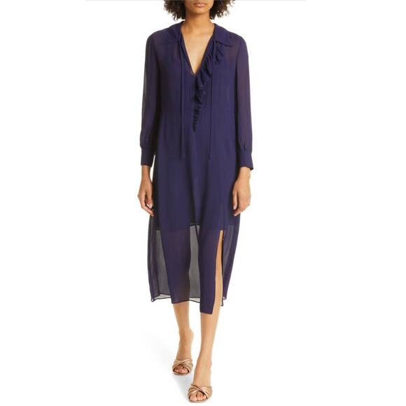 Ted Baker Navy Blue Faithy Asymmetric Ruffle Long Sleeve Midi Dress Size 0 US 2 - Picture 1 of 11